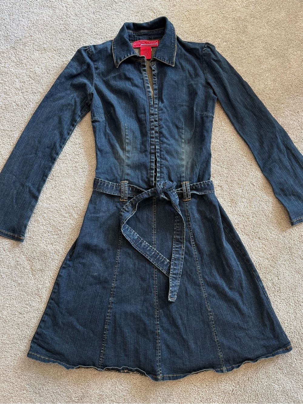Hot Kiss Denim Shirt Dress Medium Hook & Eye Front Tie Waist Stretch Jean Dress